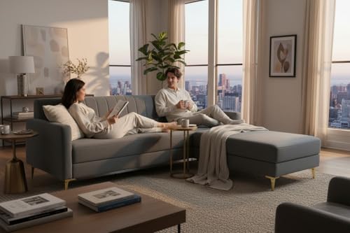 Image of SOCOZI Morello 4 Seater L Shape Sofa Set with Movable Ottoman | Flexible Left or Right Layout | Soft Velvet Suede Fabric | Modern Design | Plush Comfort Cushions for Living Room (Dark Grey)
