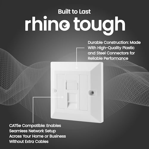 rhinocables CAT5e Ethernet Faceplate | Double 2 & Quad 4 RJ45 Gang Wall Sockets | Simple CAT 5 Setup for Printers, VoIP, Phones & More | Network Expansion for Home or Business (2 Port,Pack of 1) - Image 3