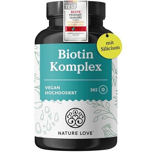 Nature Love Biotin Komplex - mit Zink, Selen, Silizium & Vitamin B5 - hochdosiert mit 10.000µg Biotin - 365 Tabletten für Haare, Haut und Nägel - Haar Vitamine im Jahresvorrat - vegan & laborgeprüft
