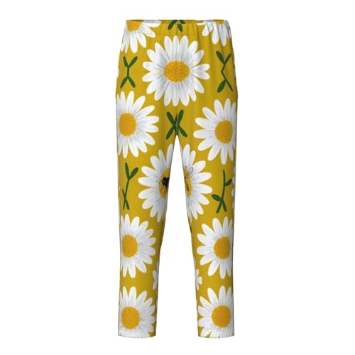 Pajama Pants Pajama Bottoms with Elastic Waistband Sleepwear Lounge PantsVintage Bee White Daisy Flowers