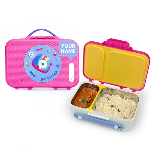 Image of rabitat Munchbee Pro Personalized Stainless Steel Kids Lunch Box 850ml- Food-Grade Steel Bento Tiffin | 2-Year Brand Warranty | Spill-Proof Flick-Lock | 3 Compartments, BPA-Free, School-Safe | Diva