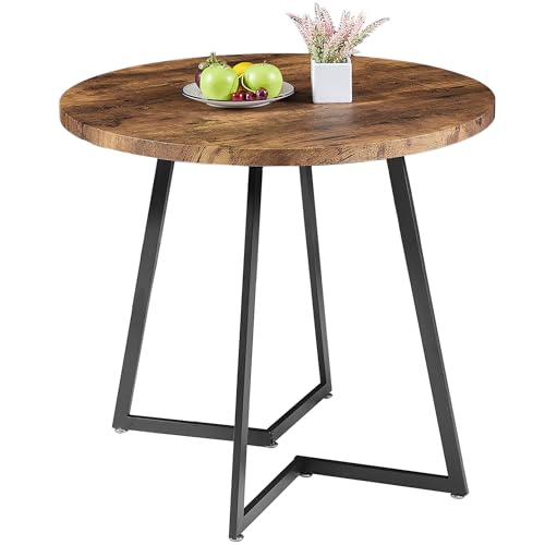 VECELO Round Dining Table with Wood Grain Tabletop and Steel Frame, for Kitchen, Living Room, Office, Conference, 2 to 4 Person, Brown