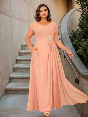 Long Chiffon Mother of The Bride Dresses Plus Size for Women V Neck Pleated Wedding Guest Gowns with Pockets LB1133