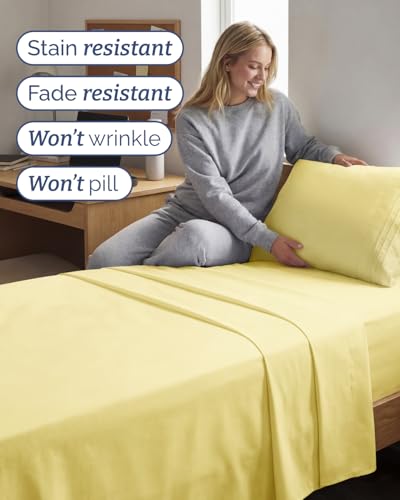 Image of Twin XL 4 Piece Sheet Set - College Dorm Room Essentials - Yellow | Ultra Soft Dorm Bedding Set, 8 inch to 16 inch Inch Deep Pockets, 1 Flat & 1 Fitted Sheet & 2 Pillowcases, Wrinkle & Fade Free