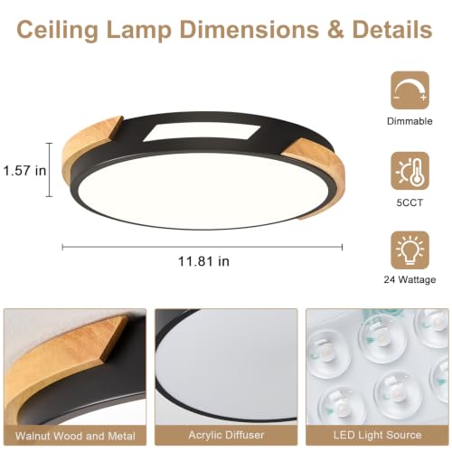 Image of Modern LED Ceiling Light, Wood Dimmable Flush Mount Ceiling Light Fixture