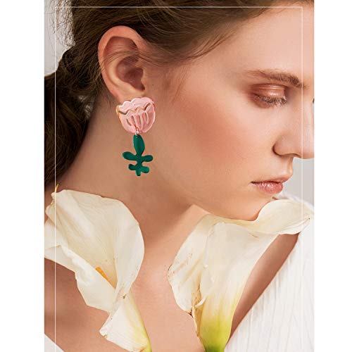 Damleng Fashion Unique Acrylic Asymmetric Transparent Rose Flower Stud Earrings Lily Floral Dangle Drop Earrings For Women Girls Statement Jewelry Gifts (Yellow Pink) #TOP5