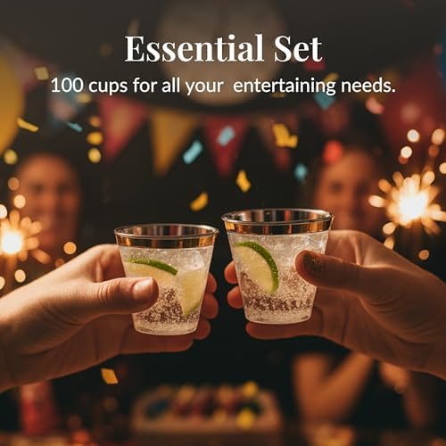 Prestee 100 Pack 9oz Gold Rim Plastic Cups Disposable Wine Glasses for Charcutri, Weddings, Parties, Events - Elegant Cocktail and Drink Cups for Champagne, Martinis, Moctels