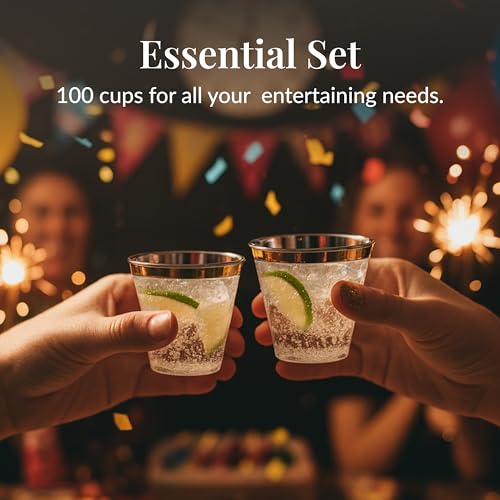Prestee 100 Pack 9oz Gold Rim Plastic Cups Disposable Wine Glasses for Charcutri, Weddings, Parties, Events - Elegant Cocktail and Drink Cups for Champagne, Martinis, Moctels