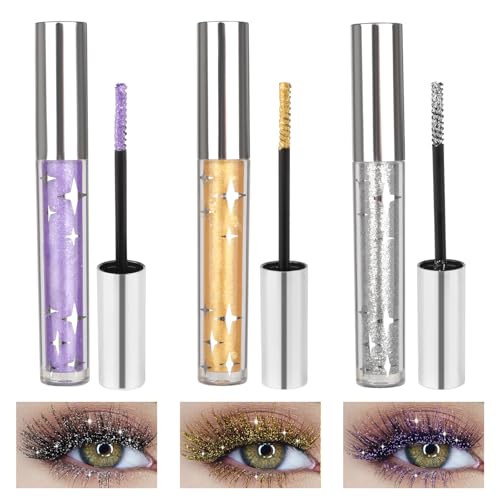 3 Farben Glitter Colored Mascara, Glitzer Mascara, Glitzer Wimperntusche, Langlebige Wasserdichte, Silber Gold Lila Color Diamond Mascara, Bunt Mascara für Party Wedding Cosplay