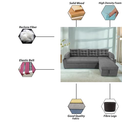 Image of Casaliving Grance RHS 6 Seater Corner Sofa Cum Bed for Living Room with Storage (Dark Grey Fabric) Premium Fabric Sofa Set