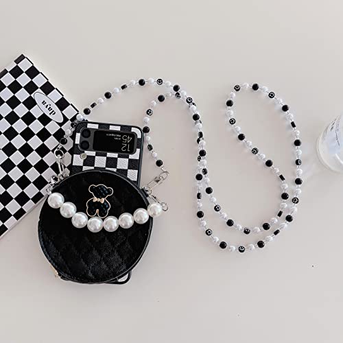 Yatchen For Samsung Galaxy Z Flip 3 Wallet Case,Cute Bear Chessboard Card Package Leather Phone Cases With Pearl Chain Lanyard Flip Shockproof Protector For Galaxy Z Flip 3 5G 2021 Women Girls #TOP6