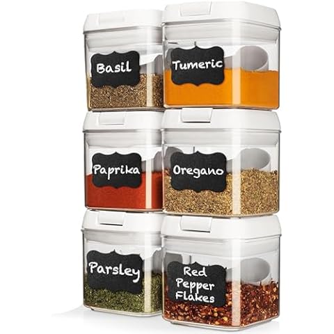 Shazo 6 PC Airtight Food Storage Containers + 6 Spoons - BPA Free Clear Plastic Snack & Spice Containers with Easy Lock Lids - Kitchen and Pantry Organization for Herbs, Coffee, Tea - 0.5L / 2.1 Cups Cover