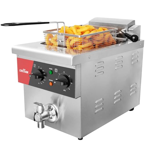 CROSSON Friteuse Electrique Professionnelle en acier inoxydable 8L,230V/3250W Friteuse a Huile électrique avec Robinet,Régulateur de Température 80℃-200℃,avec Panier et Couvercle
