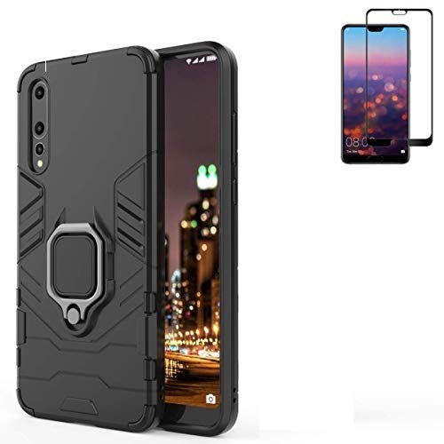 for Huawei P20 Pro Case,Hybrid Heavy Duty Shockproof Armor Dual Layer Protection Defender Back Case Cover for Huawei P20 Pro Tempered Glass Screen Protector (Black)