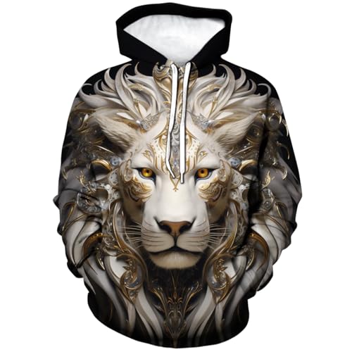 Girren Sweat à capuche fantaisie lion pour homme motif animal sweat à manches longues pull à capuche poche, noir 3, Large