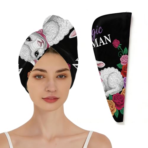 Chintiz Microfiber Hair Towel Wrap for Women - Lamb Rose Super Absorbent Fast Drying Head Hair Towels - Elastic Loop Design Anti-Frizz Soft Turbans for Wet Long, Curly, Thick Hair