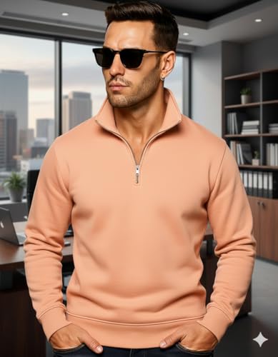 Image of Quarter Zip Pullover Sweatshirt, Classic Long Sleeve Mock Neck, Available in Burgundy, Black, Light Blue