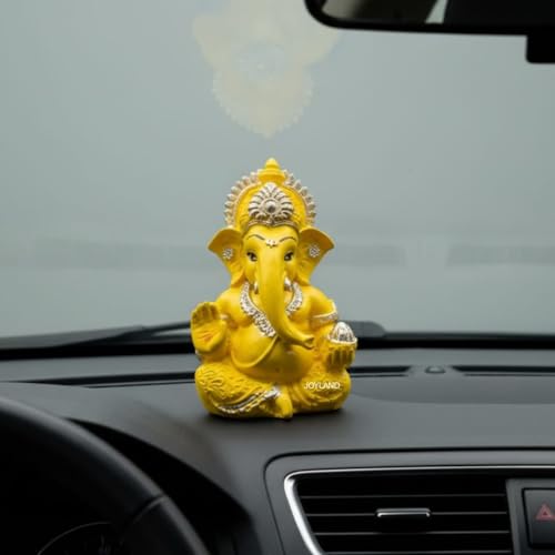 Image of JOY LAND Lord Ganesha Car Dashboard Idol | White & Gold Ganesh Murti for Car Dashboard, Home & Office Decor (Yellow Gold)