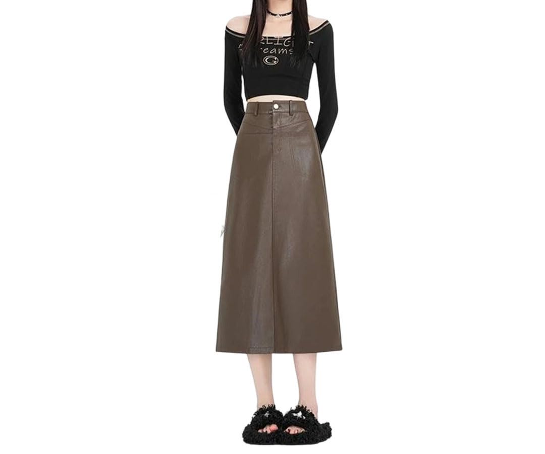 Womens Solid Color High Waist Back Slit Winter Slim Fit Daily Workplace Straight Leather Long Skirt