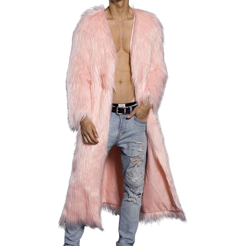 Mens Open Front Faux Fur Long Coat Warm Solid Color Cardigan Furry Overcoat Winter Fashion Thicken Fluffy Outwear