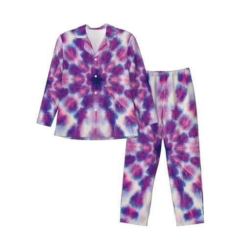 Purple Circle Tie Dye Mens Pajamas Set Button Down Sleepwear Set Long Sleeve Loungewear With Pockets3