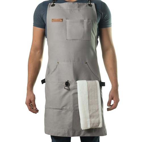 Asaya Chef & BBQ Apron with Pockets - Cross Back Canvas Cooking Apron for Women and Men, Adjustable Work & Grilling Aprons with Pocket, Bottle Opener and Hand Towel, 10oz Cotton Canvas (Grey)