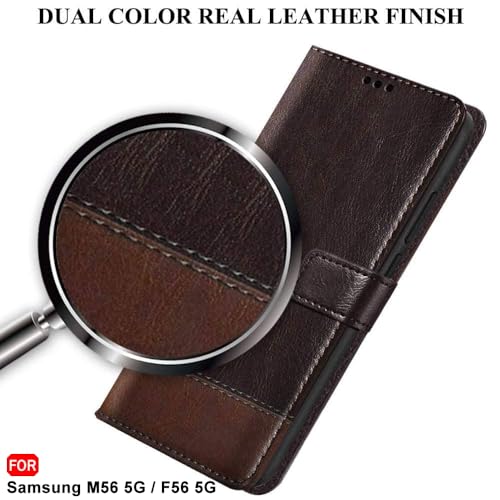 Image of TheGiftKart Flip Back Cover Case for Samsung Galaxy M56 5G / F56 5G | Dual-Color Leather Finish | Inbuilt Stand & Pockets | Wallet Style Flip Back Cover Case (Faux Leather, Coffee & Brown)