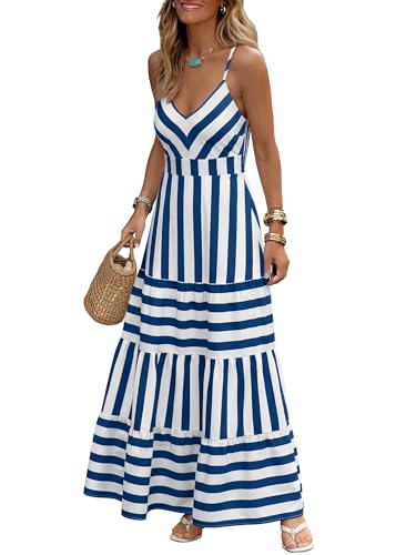 Caracilia Women's Striped Summer Maxi Dress Royal Blue Stripe M