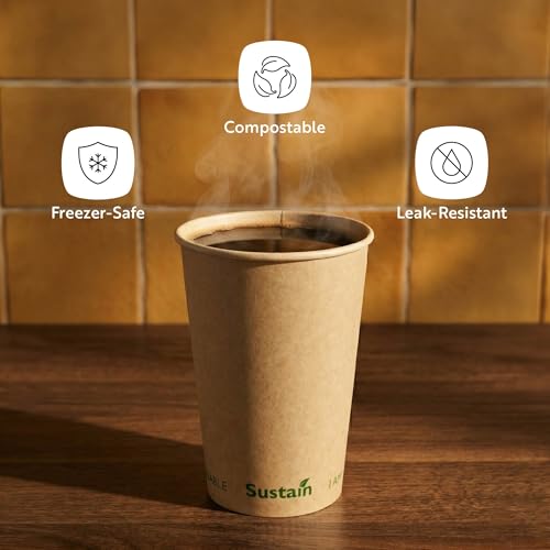 Image of Restaurantware-Sustain 16 Ounce BPI-Certified Hot Cups, 1000 Single Wall Coffee Cups - Lids Sold Separately, Leakproof PLA Coating, Compostable Kraft Paper Cup, For Hot Or Cold Drinks