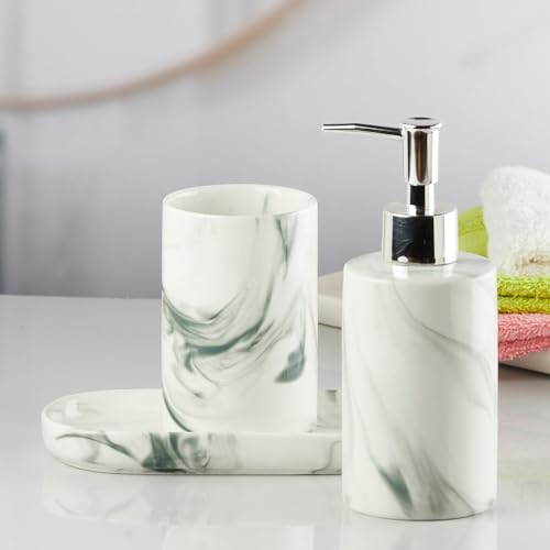Image of SaSaSa Ceramic Bathroom Set of 3 Modern Bath Accessories Kit with Soap Dispenser, Toothbrush Holder & Dish - Stylish & Elegant Bathroom Decor, White /Black (7647)