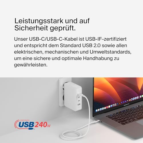 Belkin BoostCharge USB-C-auf-USB-C-Ladekabel, Schnellladekabel mit 240 W Power Delivery, USB-IF-zertifiziert für iPhone 16, iPhone 15, MacBook Pro, Chromebook, Samsung Galaxy, iPad, 1 m – Weiß