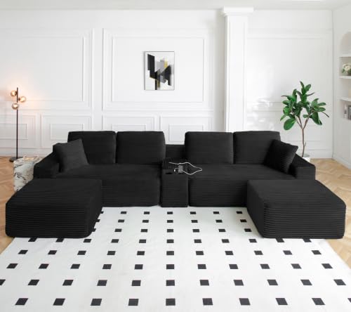 150" Modular Cloud Sectional Couch, Oversized U-Shaped Boneless Couches for Living Room, Modern Deep Seat Corduroy Sectional Sofa with Cup Holders, USB Ports, 2 Ottomans, No Assembly Required, Black