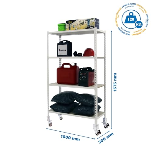 Simon Rack Schwerlastregal mit Rollen, 1575x1000x300 mm, Bis 75 kg Belastbar, 4 Verstellbare Ablagen, MDF-Platten, Kellerregal, Lagerregal, Weiss/Holz - Maderclick