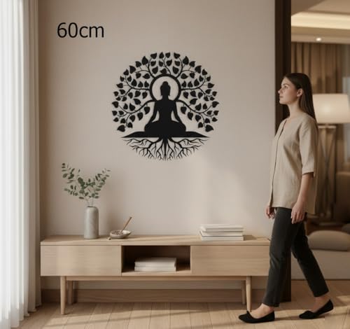 Image of Herrlich Homes Tree of Life Buddha Metal Wall Art |Meditation Yoga Altar Buda Indoor Zen Home Decor |Outdoor Garden Patio Hanging | 60CM X 60CM | L | Black