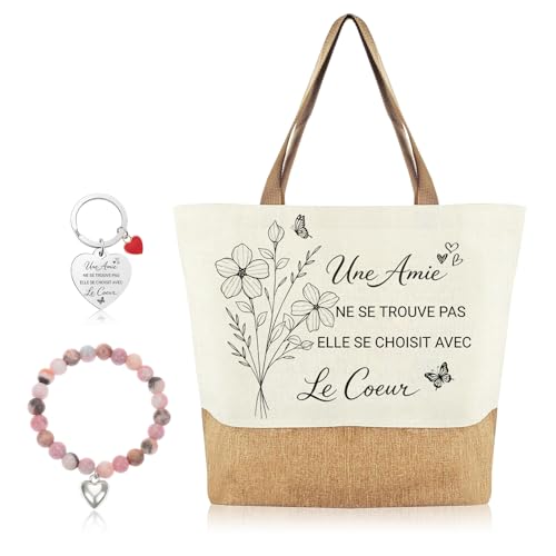 AHEZQILU Cadeau Meilleure Amie Tote Bag, Meilleure Amie Cadeau avec Porte-Clés et Bracelet, Sac en Toile Jute Cabas Courses Plage, Idée Originale Anniversaire Noël pour Copine Sœur
