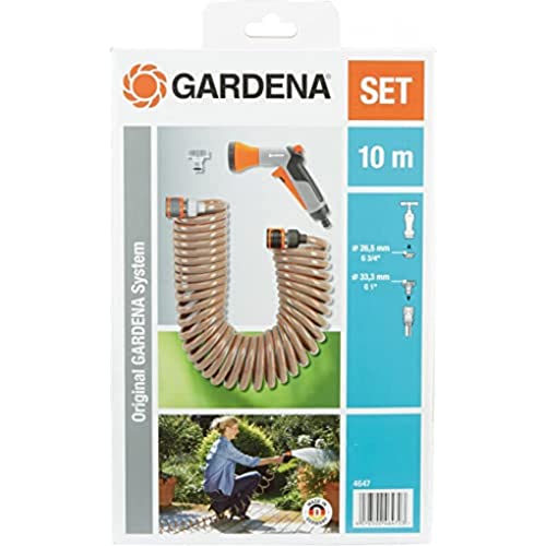 Flexible d'arrosage 10 m de Gardena : tuyau d'arrosage spiralé pour petites surfaces, force de rappel, diamètre 9 mm, avec éléments du système Gardena et lance (4647-20)