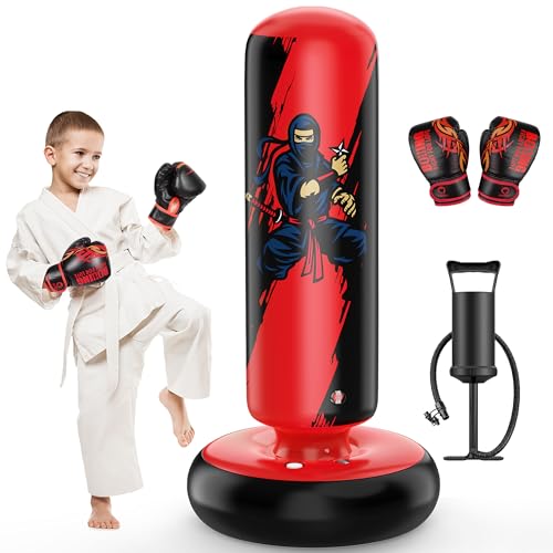 Image of QPAU Punching Bag for Kids, 66 Inch Stable Inflatable Boxing Bag with Boxing Gloves, Stand Kids Punching Bag Toy for Boys & Girls Age 6-12, Boxing Set for Practicing Karate, Taekwondo, MMA