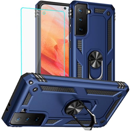 Coque Samsung Galaxy S21 bleu étui de protection militaire anneau et écran HD