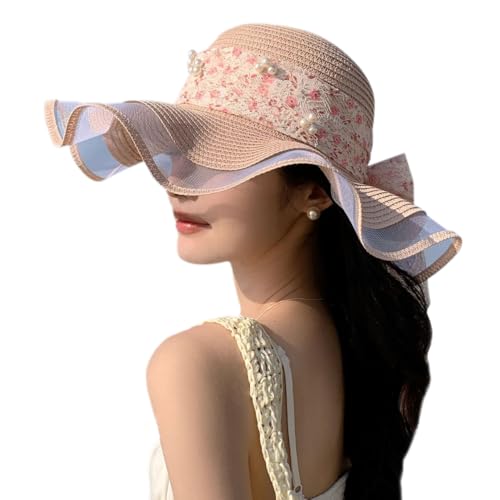 HeiDmai Womens Wide Brim Straw Sun Hats UV Packable Beach Hat Summer Bucket Cap for Travel (US, Alpha, One Size, Pink)