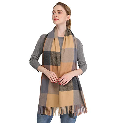 Longwu Bufanda de lana de cachemira suave para mujer Manta y envoltura de pashmina grande Manta de estola cálida Camello&Negro#