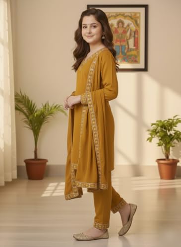 Image of Girls Stylish Rayon Lace Work Kurti with Dupatta and Pant