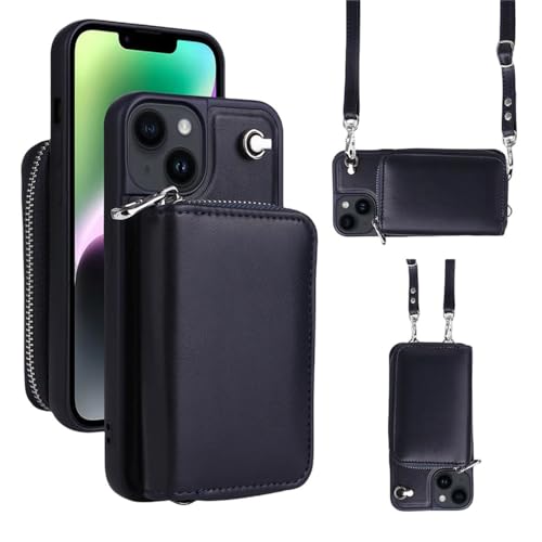 Coque iPhone 11 étui portefeuille à bandoulière antichoc couleur unie bleu foncé