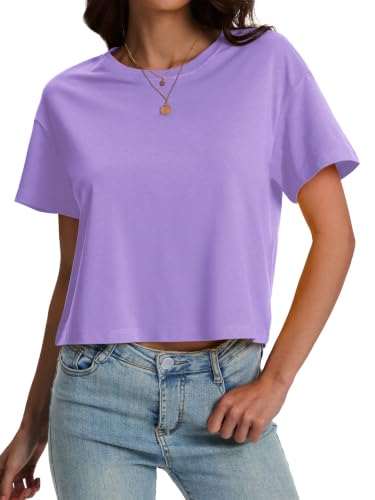 Image of SMENG Women's Crop Tops Cotton Loose Fit Tshirt Basic Short Sleeve Shirt