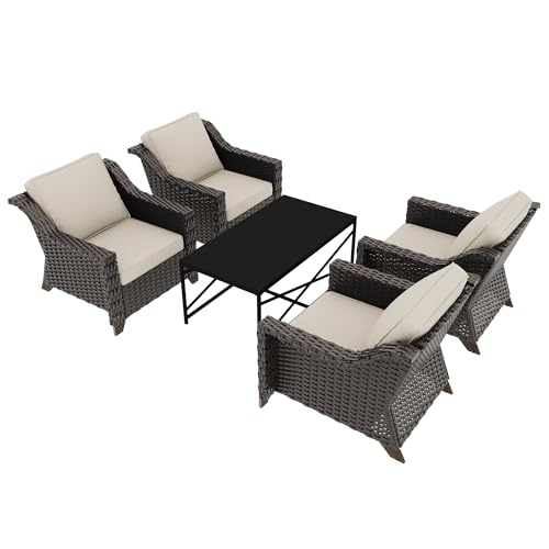 Image of 5 Piece Patio Furniture Set, Wicker Outdoor Conversation Set | Patio Chair Set with Olefin Removable Cushion, All-Weather Armchair Set with Deep Seat for Porch, Deck and Backyard, Beige