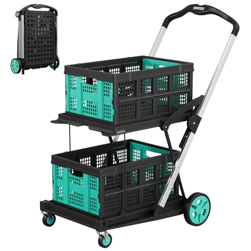 Yenntrss Collapsible Shopping Cart with 2 Storage Crates, Multi Use 2-Tier Grocery Carts on Wheels, 350 LBS Capacity Portable Foldable Shopping Cart for Groceries, Blue