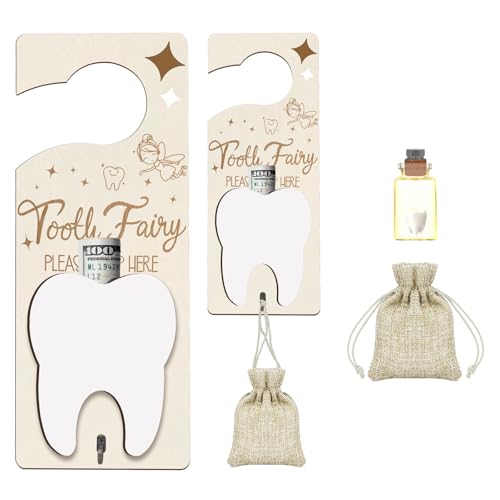 Tooth Fairy Door Hanger, Tooth Fairy Tooth Holder Kit with Money Slot Keepsake Bottle Burlap Pouch &amp; Upgrade Night Light, Wooden Encourage Gift for Kids Children Boys Girls Lost Teeth (Brown)