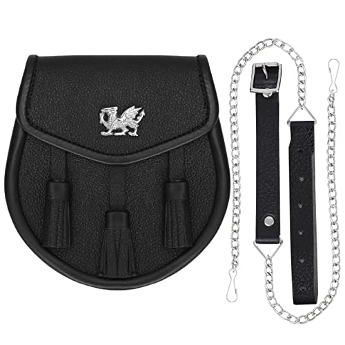 Image of Scottish Original Leather Sporran with Leather Belt & Chain (Black Leather Celtic Welsh Dragon Sporran)