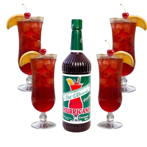 Pat O'Brien's Hurricane Cocktail Mix with 4 Hurricane Glasses, 33.8 fl oz Mix, 15 oz Acrylic Glasses