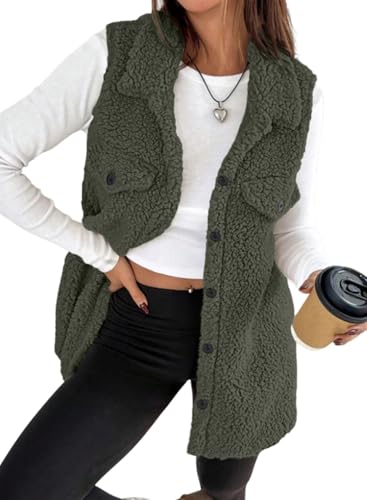 EVALESS Long Fleece Vest Women Sleeveless Sherpa Jacket Winter Cloting for Women Warm Button Down Coat Outerwear