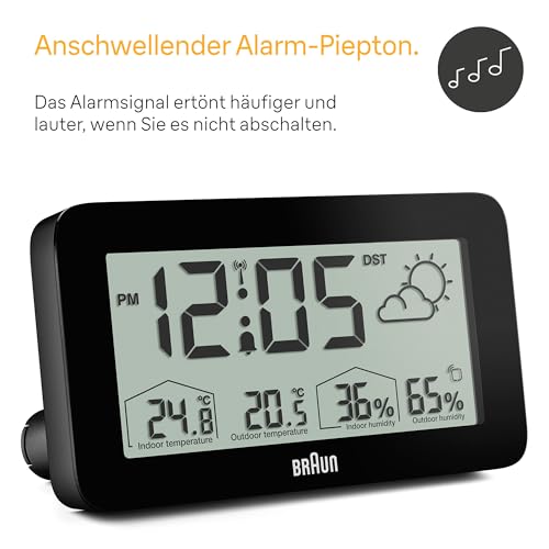 Braun Digitale Wetterstationsfunkuhr für die mitteleuropäische Zeitzone (DCF) mit Anzeige von Innen- und Außentemperatur, Luftfeuchtigkeit, Vorhersage, Alarm-Piepton in schwarz, Modell BC13BP-DCF.